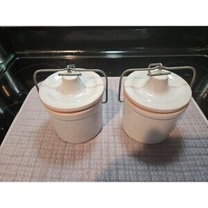 Set Of 2 Vintage Light Gray Small 4" Stoneware Cheese Crock  w Lid Wire Latch